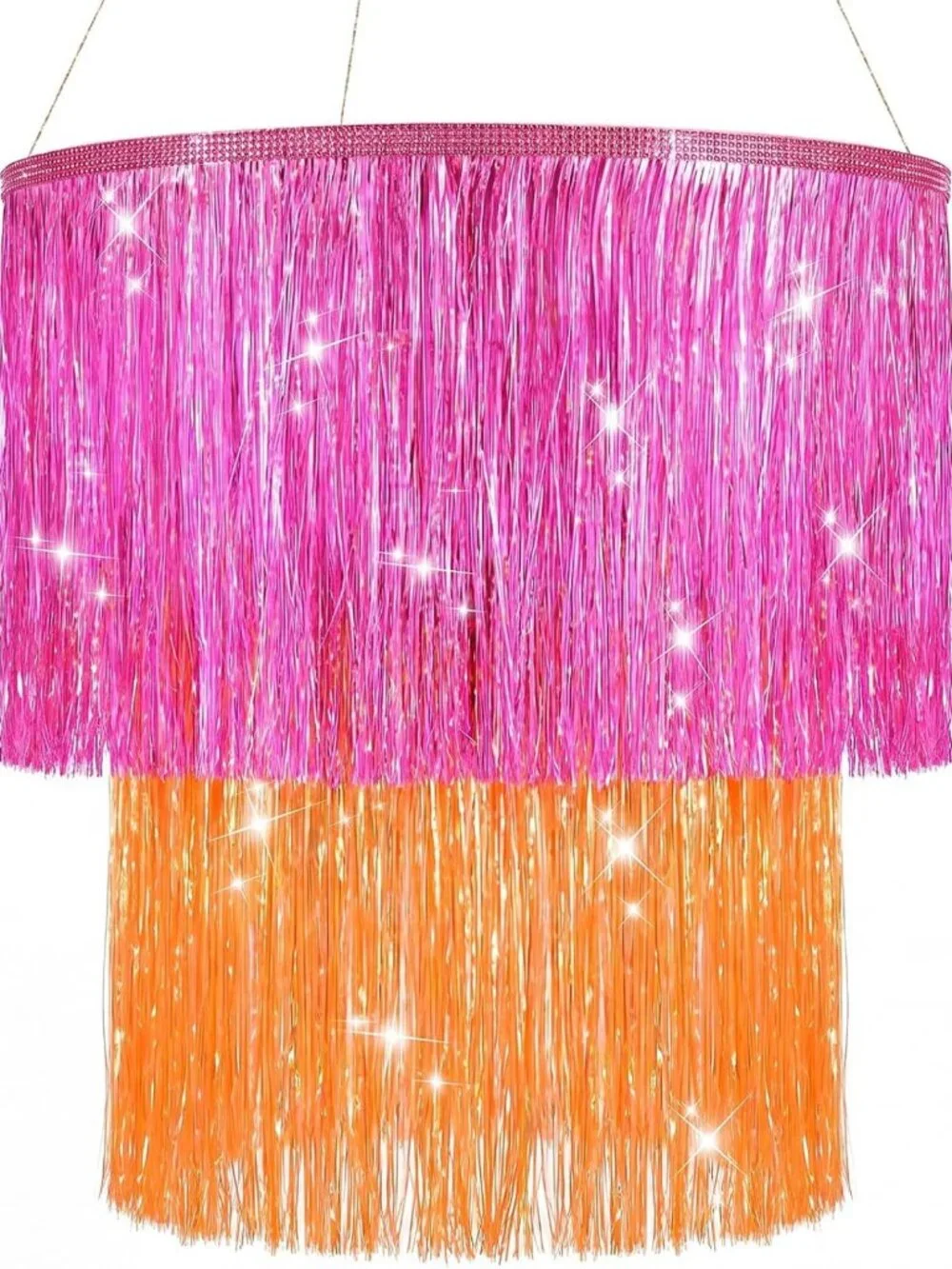 16” Pink Orange Disco Fringe Tinsel Chandelier - Vibrant Sunset Party Decor